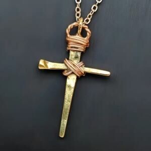 Gold Copper Handcrafted Dagger Cross Necklace Rustic Faith Pendant 22” Chain